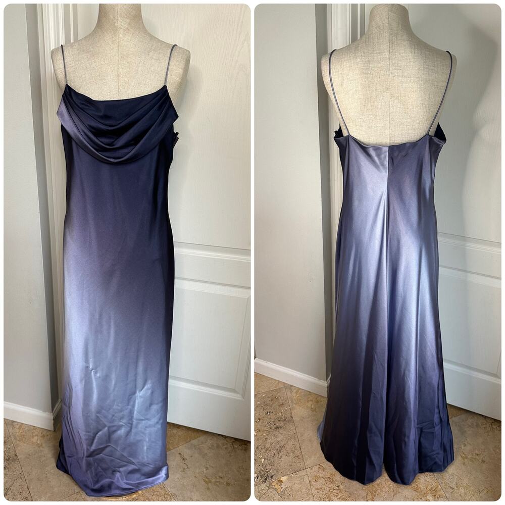 Vintage Onyx Nite Blue & Purple Ombré Satin Cowl Neck Formal Evening Gown Sz 14